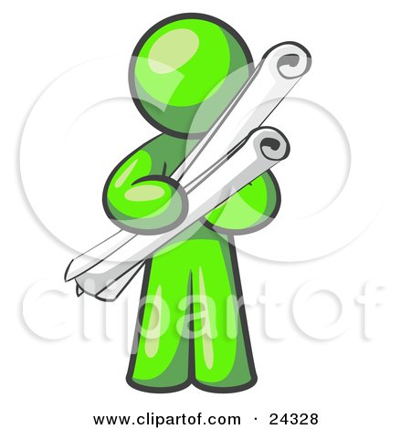Clipart Illustration of a Lime Green Man Architect Carrying Rolled Blue Prints And Plans by Leo Blanchette