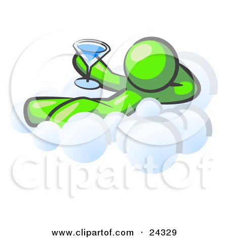Clipart Illustration of a Relaxed Lime Green Man Drinking A Martini And Kicking Back On Cloud Nine by Leo Blanchette