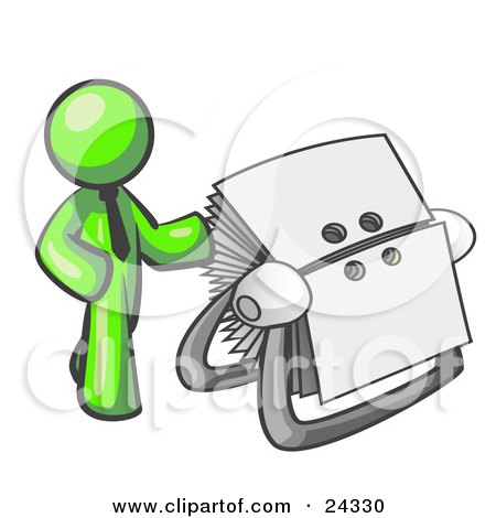 Clipart Illustration of a Lime Green Businessman Standing Beside A Rotary Card File With Blank Index Cards by Leo Blanchette