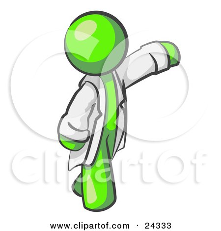 Clipart Illustration of a Lime Green Scientist, Veterinarian Or Doctor Man Waving And Wearing A White Lab Coat by Leo Blanchette