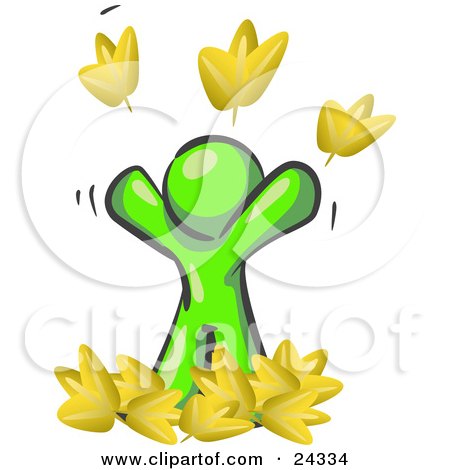 Clipart Illustration of a Carefree Lime Green Man Tossing Up Autumn Leaves In The Air, Symbolizing Happiness And Freedom by Leo Blanchette