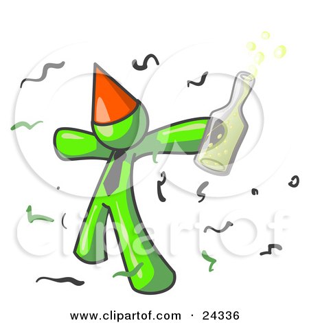 Clipart Illustration of a Happy Lime Green Man Partying With a Party Hat, Confetti and a Bottle of Liquor by Leo Blanchette
