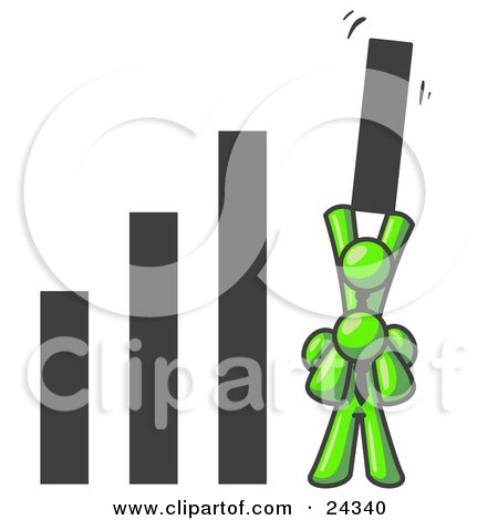 Clipart Illustration of a Lime Green Man on Another Man's Shoulders, Holding up a Bar in a Graph by Leo Blanchette