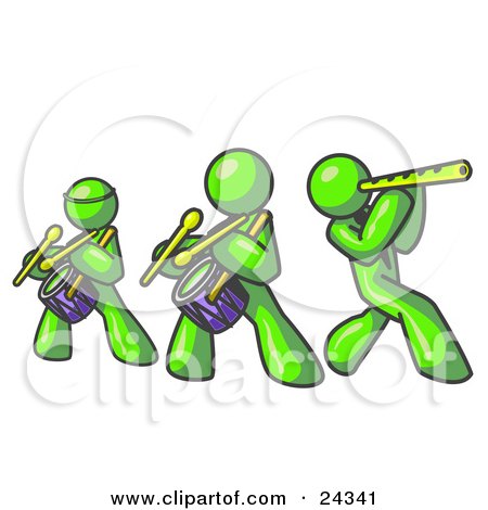 Clipart Illustration of Three Lime Green Men Playing Flutes and Drums at a Music Concert by Leo Blanchette