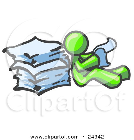Clipart Illustration of a Lime Green Man Leaning Against a Stack of Papers by Leo Blanchette