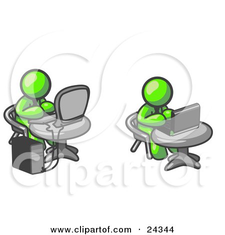 Clipart Illustration of Two Lime Green Men, Employees, Working on Computers in an Office, One Using a Desktop, the Other Using a Laptop by Leo Blanchette