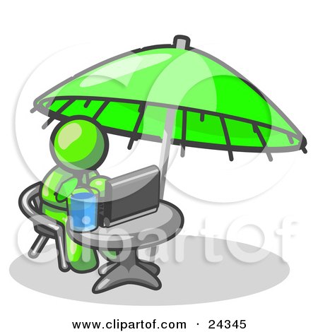 Clipart Illustration of a Traveling Lime Green Business Man Sitting Under an Umbrella at a Table Using a Laptop Computer  by Leo Blanchette