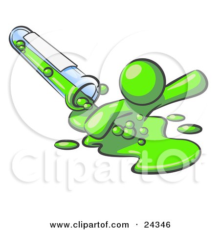 Clipart Illustration of a Lime Green Man Emerging From Spilled Chemicals Pouring Out Of A Glass Test Tube In A Laboratory by Leo Blanchette