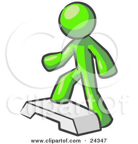 Clipart Illustration of a Lime Green Man Doing Step Ups On An Aerobics Platform While Exercising by Leo Blanchette