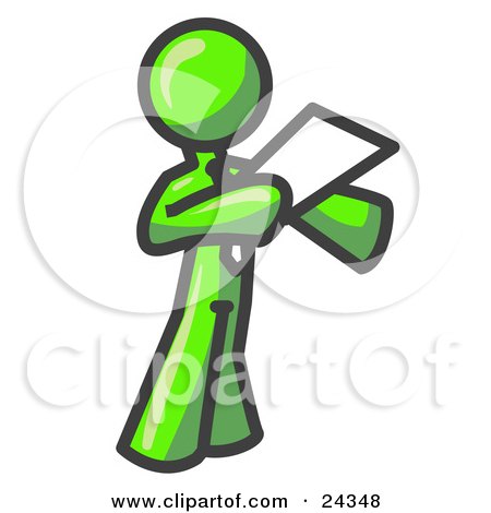 Clipart Illustration of a Lime Green Businessman Holding a Piece of Paper During a Speech or Presentation by Leo Blanchette