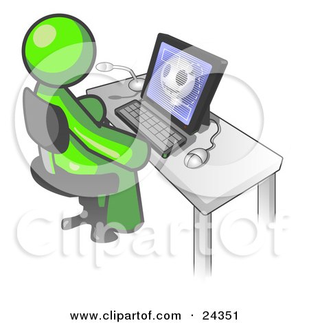 Clipart Illustration of a Lime Green Doctor Man Sitting at a Computer and Viewing an Xray of a Head  by Leo Blanchette