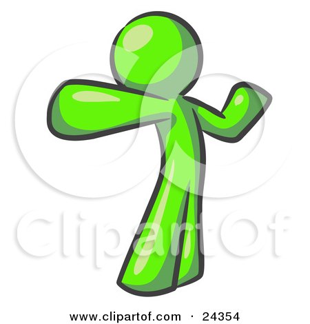 Clipart Illustration of a Lime Green Man Stretching His Arms And Back Or Punching The Air by Leo Blanchette