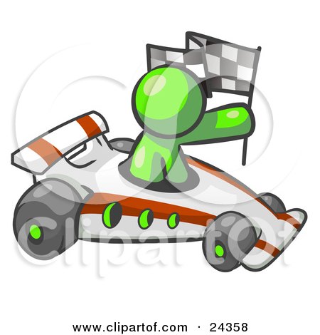 Clipart Illustration of a Lime Green Man Driving A Fast Race Car Past Flags While Racing by Leo Blanchette