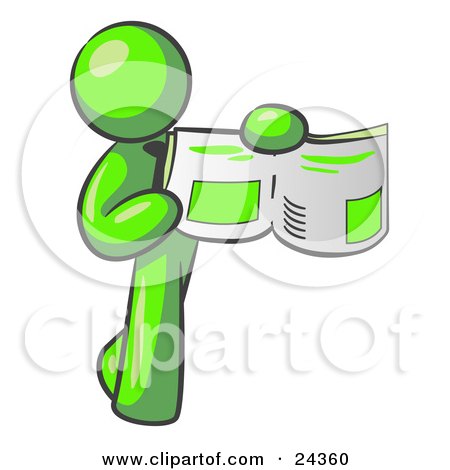 Clipart Illustration of a Lime Green Man Holding Up A Newspaper And Pointing To An Article by Leo Blanchette