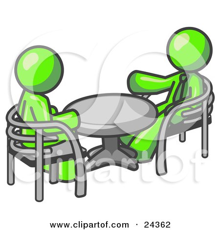 Clipart Illustration of Two Lime Green Business Men Sitting Across From Eachother at a Table During a Meeting by Leo Blanchette