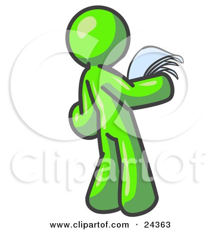Clipart Illustration of a Serious Lime Green Man Reading Papers and Documents by Leo Blanchette