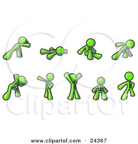 Clipart Illustration of a Lime Green Man Doing Different Exercises and Stretches in a Fitness Gym  by Leo Blanchette