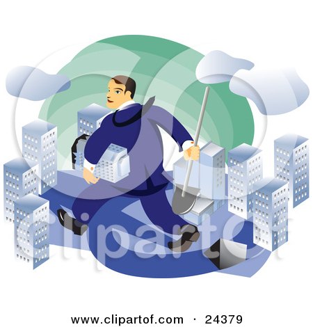 Clipart Illustration of a Caucasian Real Estate Agent Or Businessman Carrying A Shovel And A Skyscraper And Walking Through A City by Eugene