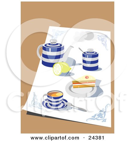Clipart Illustration of a Blue And White Tea Set With A Pot, Lemon, Cups And Saucers And Cake Sitting On A Cloth by Eugene