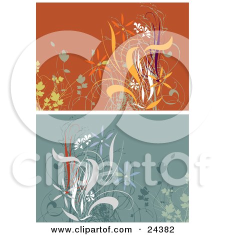Clipart Illustration of Floral Backgrounds, One Orange One Blue, With White, Orange And Green Plants And Flowers by Eugene