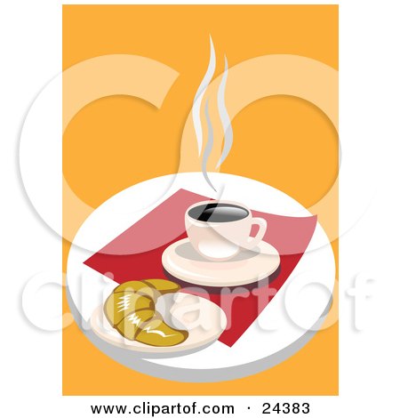 Clipart Illustration of a Cup Of Hot Coffee On A Saucer By A Croissant On A Red Napkin by Eugene