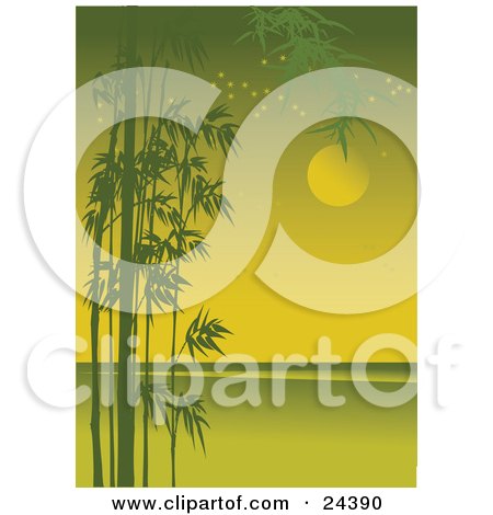 Clipart Illustration of Silhouetted Green Bamboo Growing Along The Side Of A Coastal Landscape With Stars And The Full Moon by Eugene
