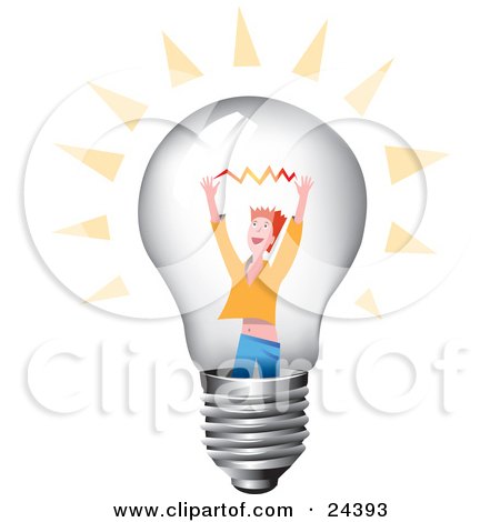 Clipart Illustration of a Red Haired Man Holding Up His Arms With A Spark Inside A Clear Glass Lightbulb by Eugene