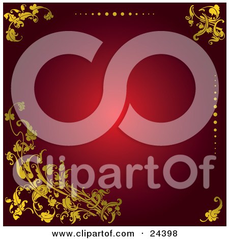 Clipart Illustration of Golden Scrolls, Leaves And Dots Over A Red Background With A Bright Center by Eugene