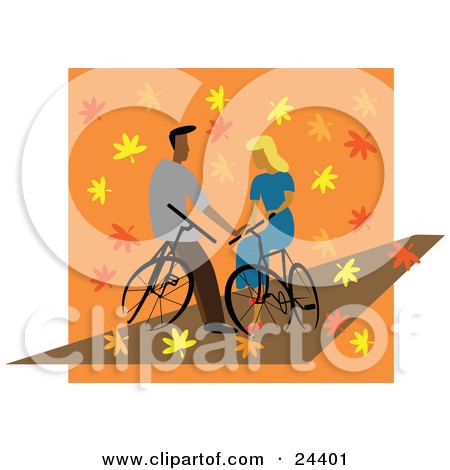 Clipart Illustration of a Young Couple In Love, Resting On Their Bikes And Gazing At Eachother As Autumn Leaves Surround Them by Eugene