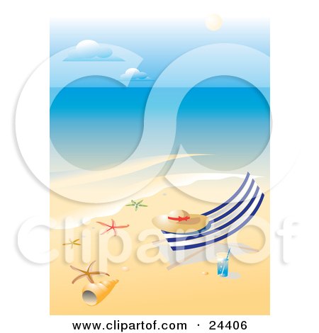 Straw Hat Resting On A Lounge Chair On A Tropical Beach With White Sands, A Glass Of Water, Starfish And Sea Shells Posters, Art Prints