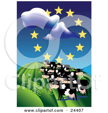 Clipart Illustration of a Herd Of Black And White Dairy Cows On A Grassy Hill Under A Circle Of Stars, Eating Euro Signs by Eugene