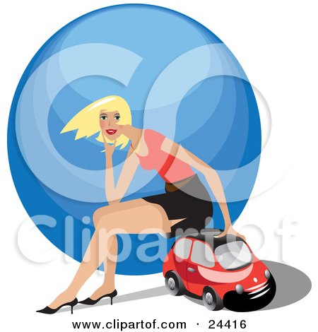Clipart Illustration of a Beautiful Young Blond Woman In Heels And A Skirt, Sitting On Top Of A Red Compact Car In Front Of A Blue Globe by Eugene