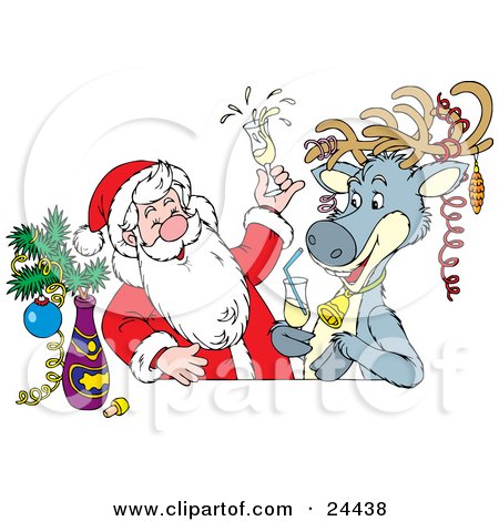 Clipart Illustration of Santa And A Reindeer Getting Drunk At A Bar, The Reindeer Wearing Ornaments On His Antlers by Alex Bannykh