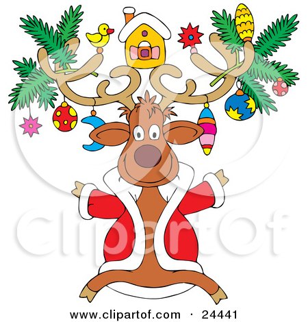 Clipart Illustration of a Festive Christmas Reindeer Wearing A Red Jackt And Ornaments On His Antlers by Alex Bannykh