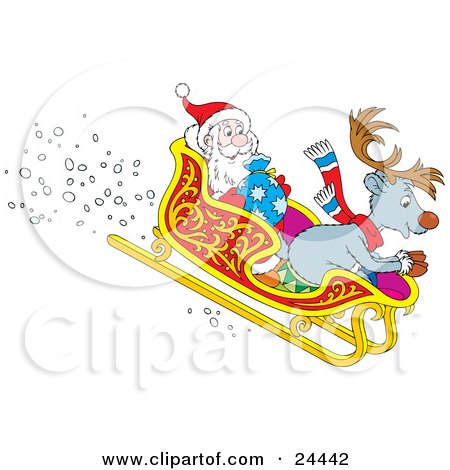 Clipart Illustration of a Reindeer And Santa Claus Riding In A Sleigh While Speeding Downhill by Alex Bannykh