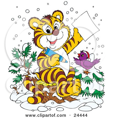 Clipart Illustration of a Jolly Purple Bird In The Snow, Wearing A Santa Hat, Perched On A Tree By A Tiger Who Is Writing A Dear Santa Letter For Christmas by Alex Bannykh