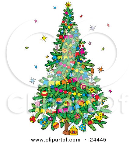 Clipart Illustration of Stars Around A Decorated Christmas Tree With Garlands And Ornaments by Alex Bannykh