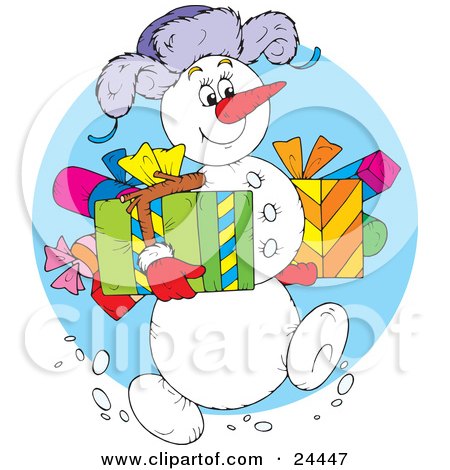 Clipart Illustration of a Jolly Snowman Wearing A Purple Hat, Carrying Gifts And Walking Through The Snow On Christmas by Alex Bannykh