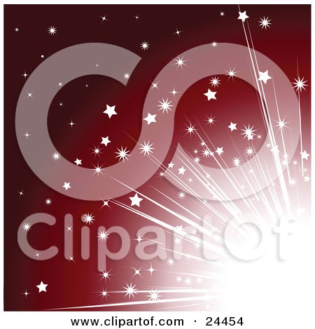 Clipart Illustration of Bright Light With Stars, Bursting From A Corner Over A Red Background by elaineitalia