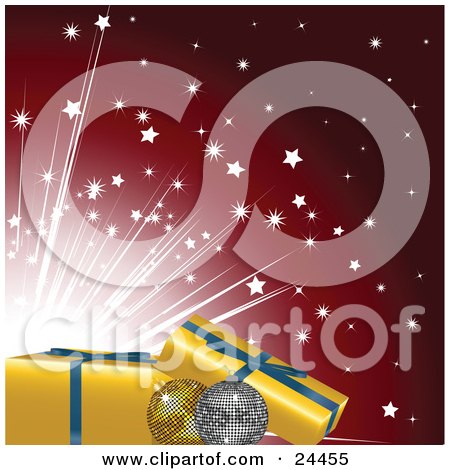 Clipart Illustration of Gold And Silver Disco Ball Ornaments With Yellow Gifts With Blue Ribbons Over A Bright Burst Of Stars On A Red Background by elaineitalia