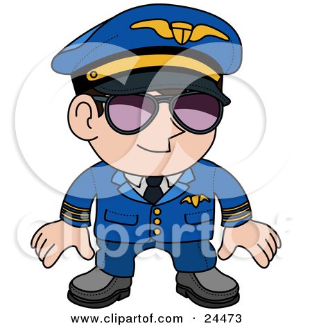 Clipart Illustration of a Male Pilot In A Blue Uniform, Wearing Shades And Standing Proud by AtStockIllustration