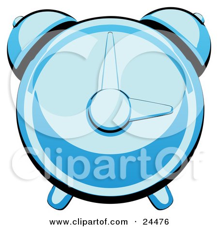 Clipart Illustration of a Shiny Blue Alarm Clock With Bells And The Arms Pointing To 2 AM Or PM by Leo Blanchette