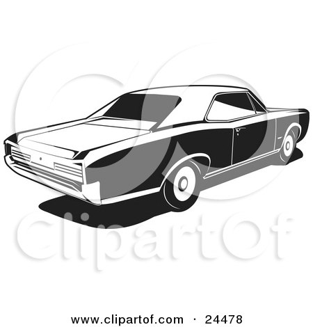 Clipart Illustration of a 1966 Gto Muscle Car Made By Pontiac, As Seen From The Rear Passenger Side, Black And White by David Rey