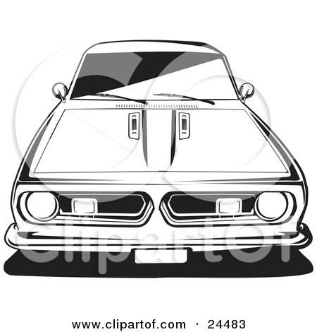 Clipart Illustration of The Front End Of A 1970 Plymouth Barracuda, Black And White by David Rey