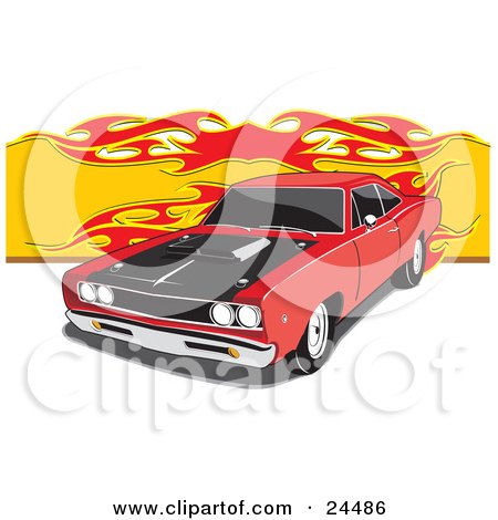Clipart Illustration of a Red 1968 Dodge Super Bee Muscle Car With A Black Hood And Hood Scoop And Dark Tinted Windows, With A Flame Background by David Rey