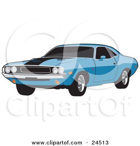 Clipart Illustration of a Light Blue 1970 Dodge Challenger Rt With A Black Hood Stripe And Tinted Windows by David Rey