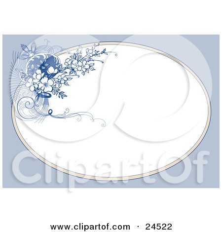 Clipart Picture of a Cluster Of Blue And White Blossoms And Flourishes On The Corner Of A Blank White Oval Frame by Eugene