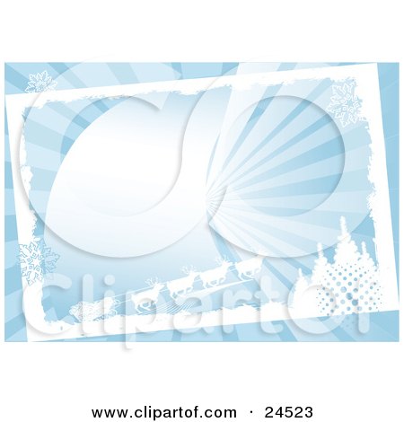 Clipart Illustration of a Blue Christmas Background With Beams Of Light, Wintry Trees, Snowflakes And Santa's Sleigh Being Pulled By Reindeer by Eugene