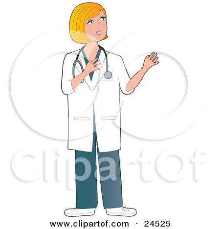 Clipart Illustration of a Pretty Blond Caucasian Nurse, Doctor Or Veterinarian Woman Wearing A Stehoscope And Gesturing With Her Hands While Talking by Maria Bell