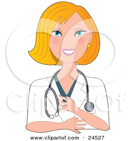Clipart Illustration of a Pretty Blond Caucasian Nurse, Doctor Or Veterinarian Woman Wearing A Stehoscope And Touching Her Chest While Smiling And Talking To A Patient by Maria Bell